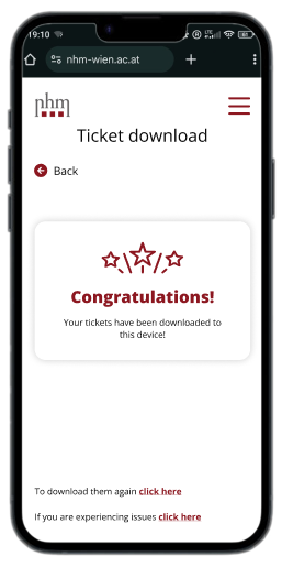 Bestätigungsbildschirm für den Ticket-Download
